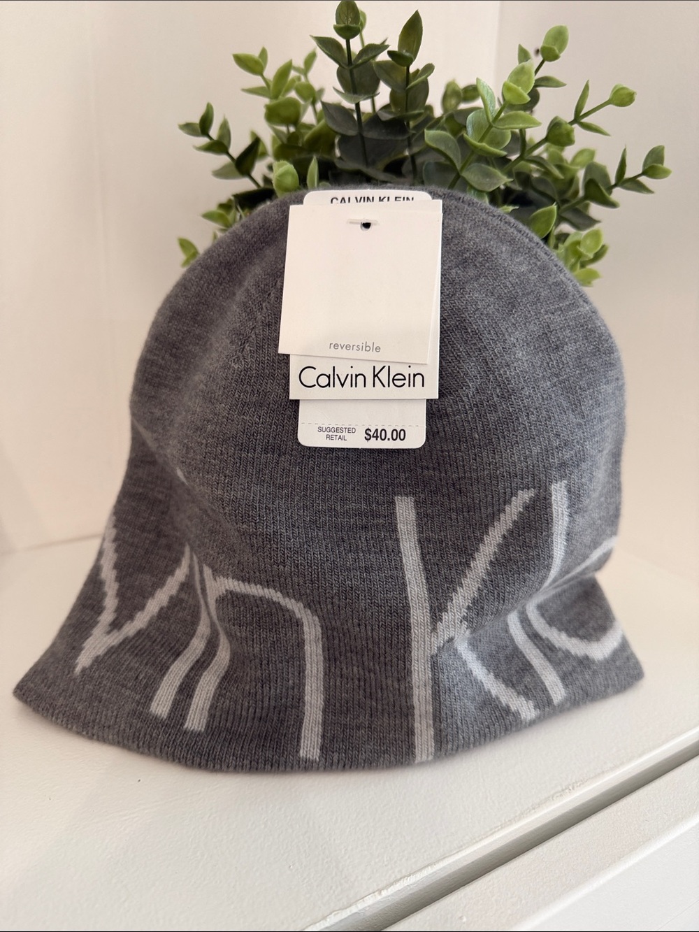 Calvin Klein Gray Knit Reversible Beanie with Logo